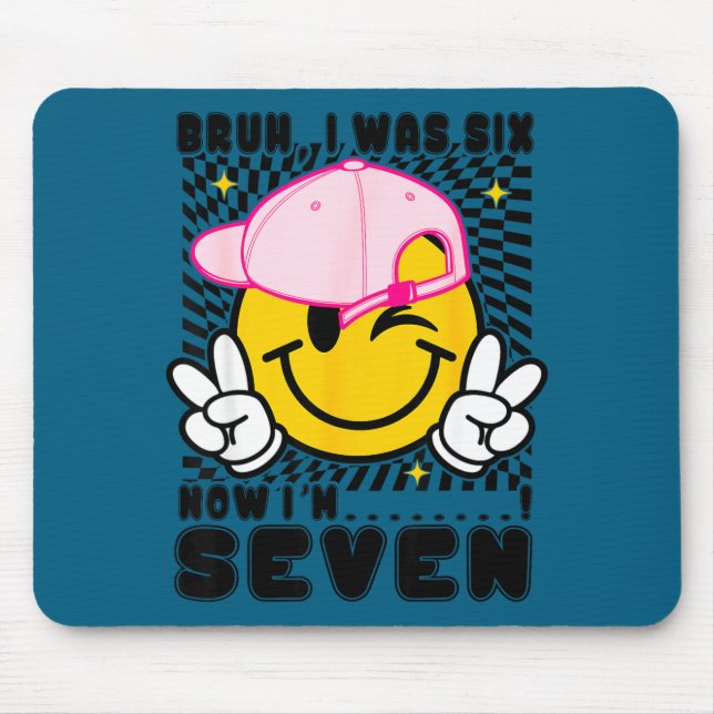 Smile face 7th birthday was 6 7 checkered bruh mouse mat (Front)