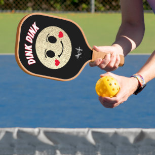 Smile face Gold sparkles hearts dink Monogram Pickleball Paddle