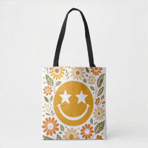Smile face with flowers boho tote bag