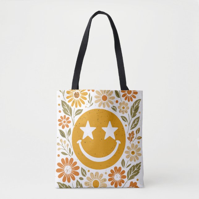 Smile face with flowers boho tote bag (Front)