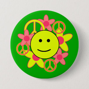 Smile Face with Peace Signs and Flowers 7.5 Cm Round Badge