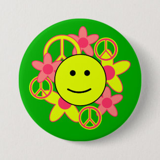 Smile Face with Peace Signs and Flowers 7.5 Cm Round Badge