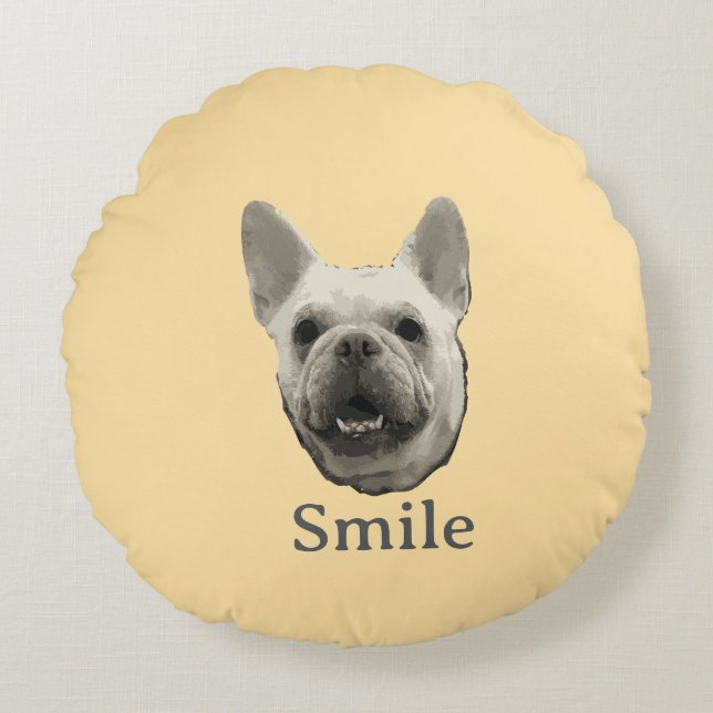 Smile French Bulldog Beige Round Cushion (Front)