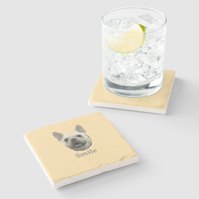 Smile French Bulldog Beige Stone Coaster (Side)