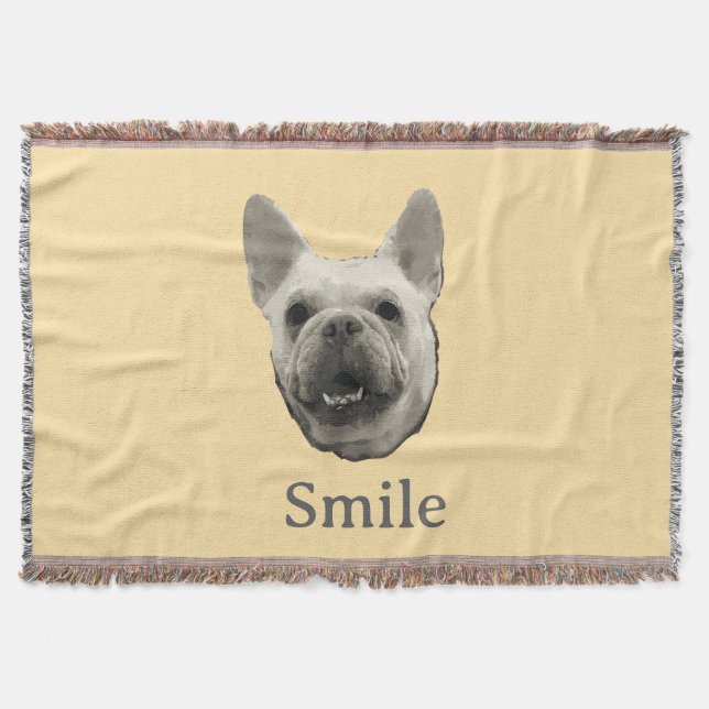 Smile French Bulldog Beige Throw Blanket (Front)