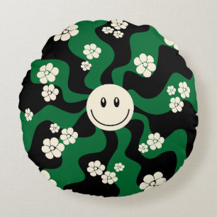 Smile - Green, Cream and Black Round Cushion