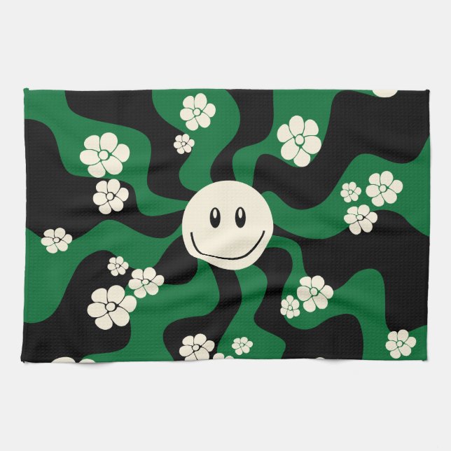Smile - Green, Cream and Black Tea Towel (Horizontal)