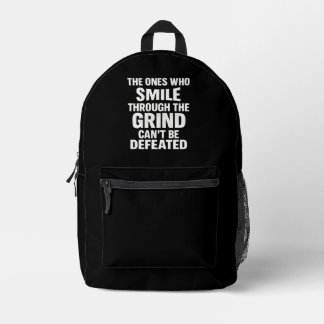 Smile grind gym motivation quote with white text printed backpack