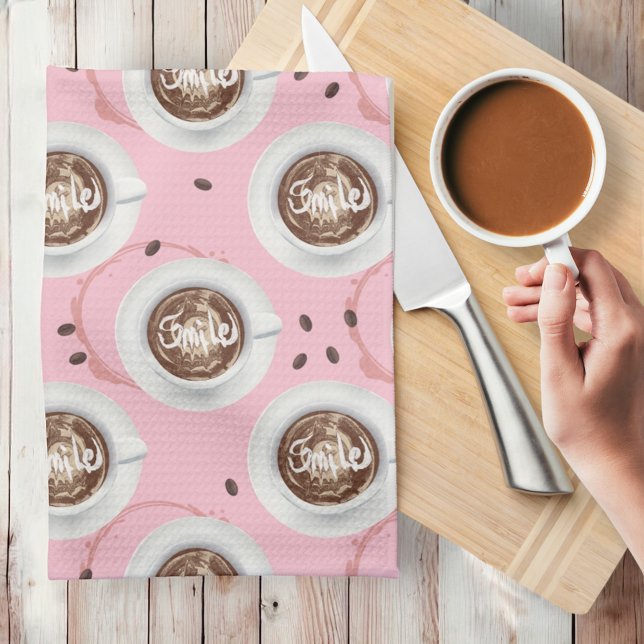 Smile It’s time for Coffee - High Tea Pink Tea Towel (Coffee kitchen towel )