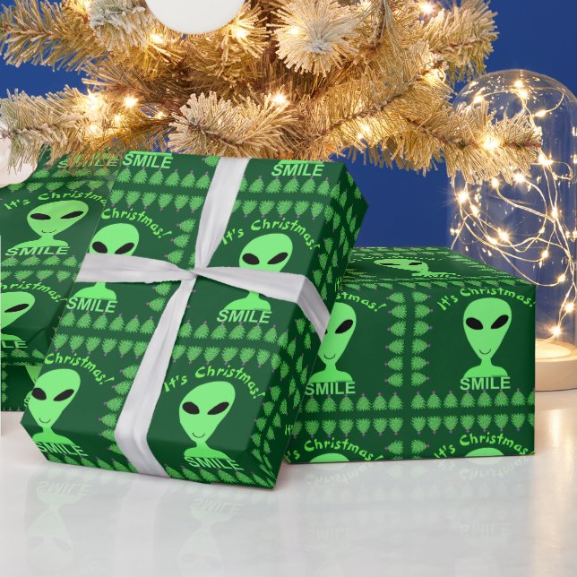 Smile It's Christmas Happy Alien LGM Geek Humour Wrapping Paper (Holidays)