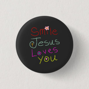 ‘Smile Jesus Loves You’ Colourful Script 3 Cm Round Badge