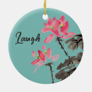 Smile & Laugh Positive Quote Watercolor Floral Ceramic Tree Decoration