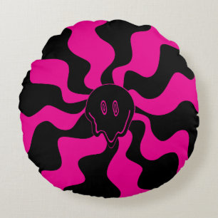 Smile Melt - Magenta and Black Round Cushion