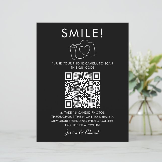 Smile Memorable Photos Qr Code Black Chic Wedding (Standing Front)