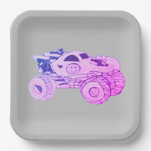 Smile Monster Truck Rally Birthday Party Paper Plate (Front)