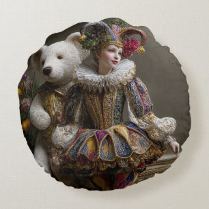 Smile of the Arlequin and its Bear of White Peluch Round Cushion