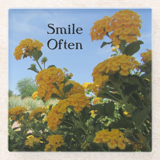 Smile Often Vivid Yellow Lantana Photo Flower Glass Coaster (Front)