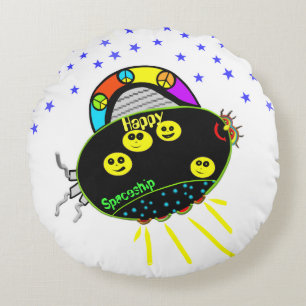 Smile Peace Black Spaceship Stars Kids Round Cushion