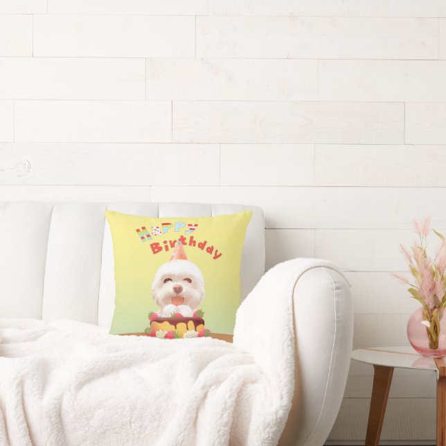 Smile Pup: Happy Birthday Bichon & Cake Art Cushion (Couch)