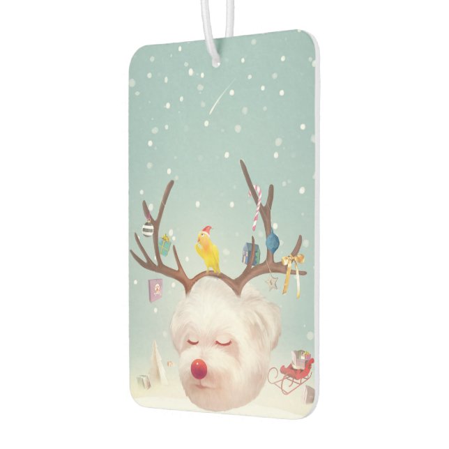 Smile Pup: Reindeer Antlers Christmas Bichon Car Air Freshener (Left)