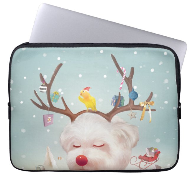 Smile Pup: Reindeer Antlers Christmas Bichon Laptop Sleeve (Front)