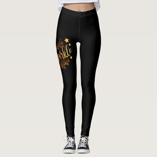 Smile Sparkle Shine Black Gold Ladies Leggings (Front)