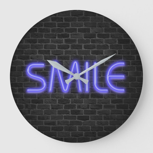 SMILE text in neon lights on brick Large Clock (Front)