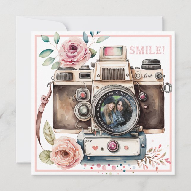 Smile | Vintage Camera  Birthday Photo Card (Front)