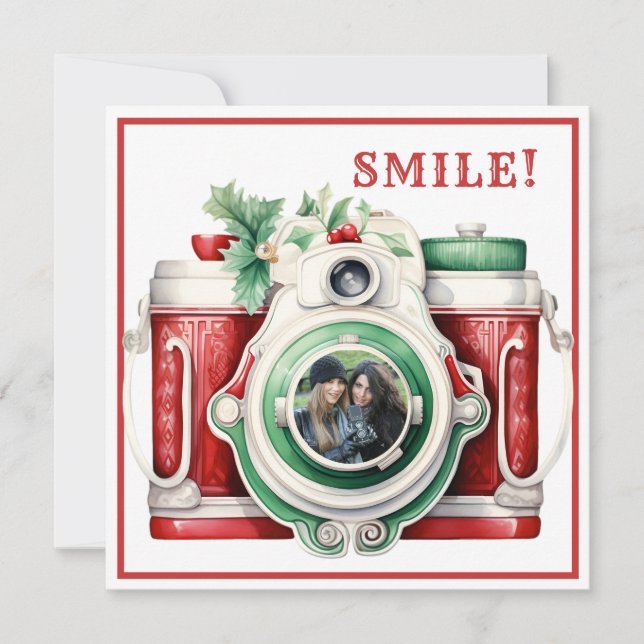 Smile | Vintage Camera  Christmas Photo Card (Front)
