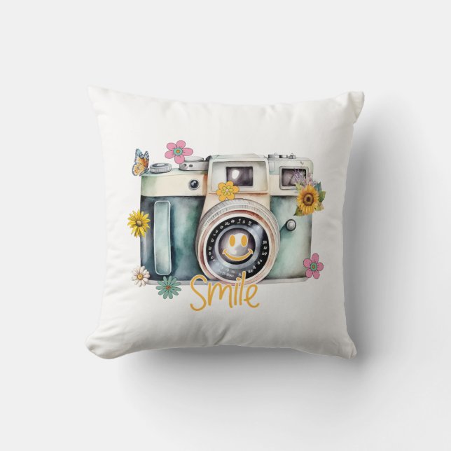 Smile, Vintage Camera Photographer  Cushion (Front)