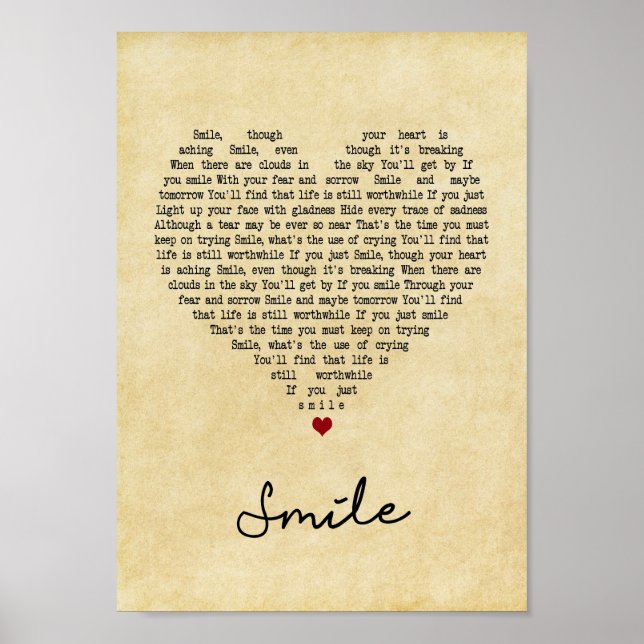 Smile Vintage Heart Song Lyric Wall Art Print (Front)