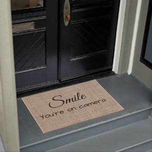 Smile  You're on Camera Door Burlap Look Mat