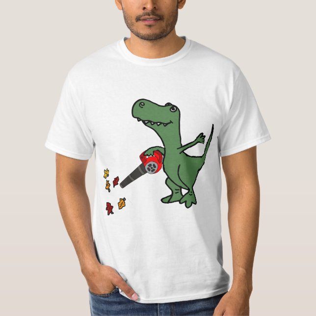 Smilealottees Funny T-rex Dinosaur using Leaf Blow T-Shirt (Front)
