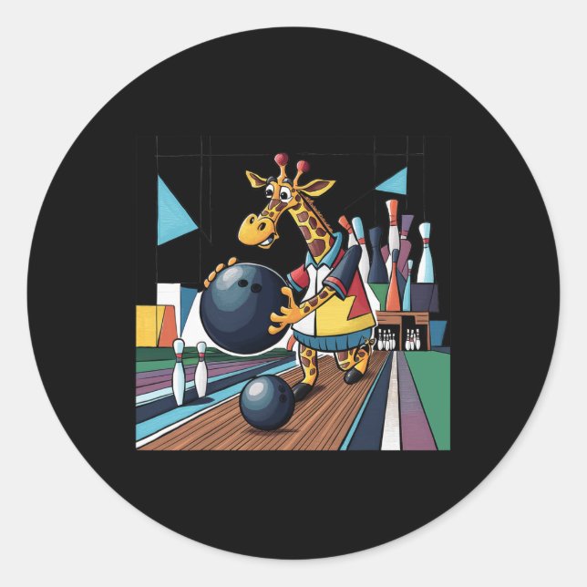 Smilefuntees Funny Giraffe Bowling Sports Cartoon  Classic Round Sticker (Front)