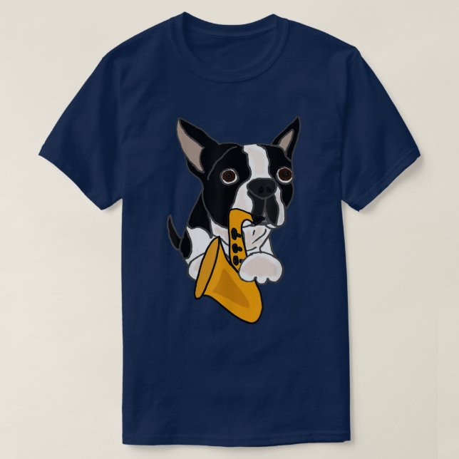 Smilemoretees Funny Boston Terrier Playing Saophon T-Shirt (Design Front)