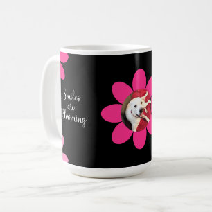 Smiles are Blooming Cute Dog Pink Flowers Black Coffee Mug