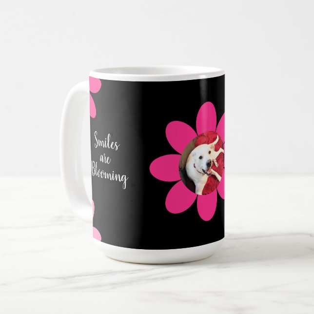 Smiles are Blooming Cute Dog Pink Flowers Black Coffee Mug (Front Left)