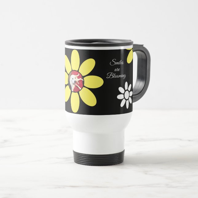 Smiles are Blooming Cute Dog Yellow Flower Travel Mug (Front Right)