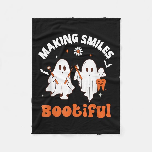 Smiles Bootiful Funny Ghost Dentist Halloween Dent Fleece Blanket (Front)
