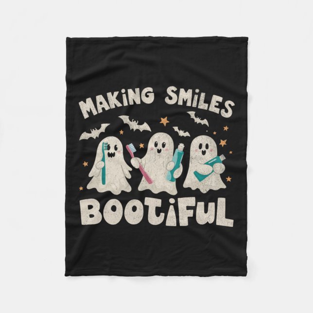 Smiles Bootiful Halloween Funny Ghost Dentist Dent Fleece Blanket (Front)