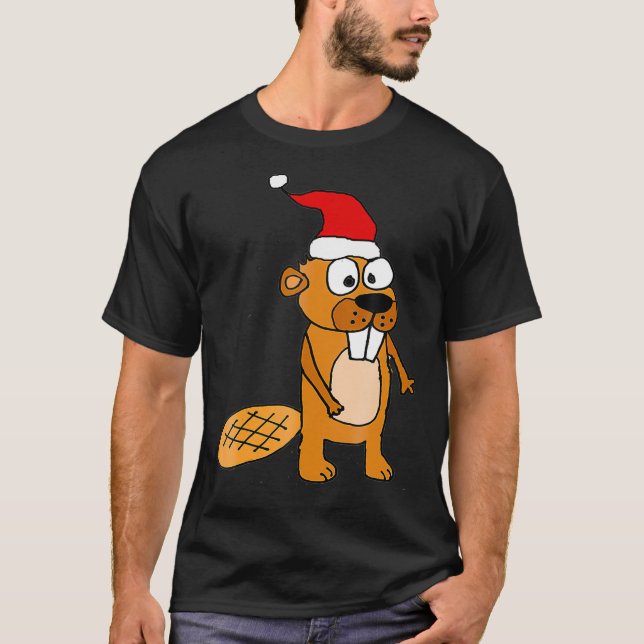 SmilesXMAS Funny Beaver in Santa hat Christmas  T-Shirt (Front)