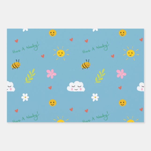 Smiley Clouds, Bees, and Flowers Seamless Pattern Wrapping Paper Sheet (Front)