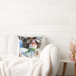Smiley Little Snowman In Red Hat Cushion