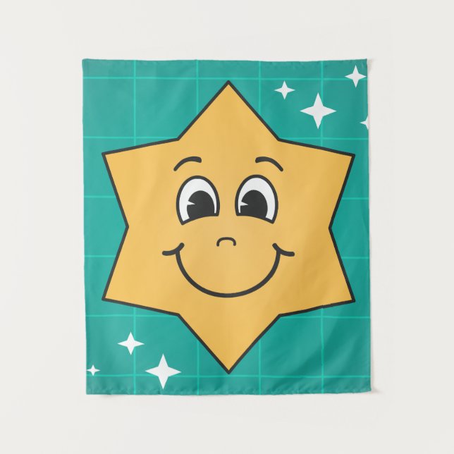 Smiley star yellow blue xmas kids design tapestry (Front)