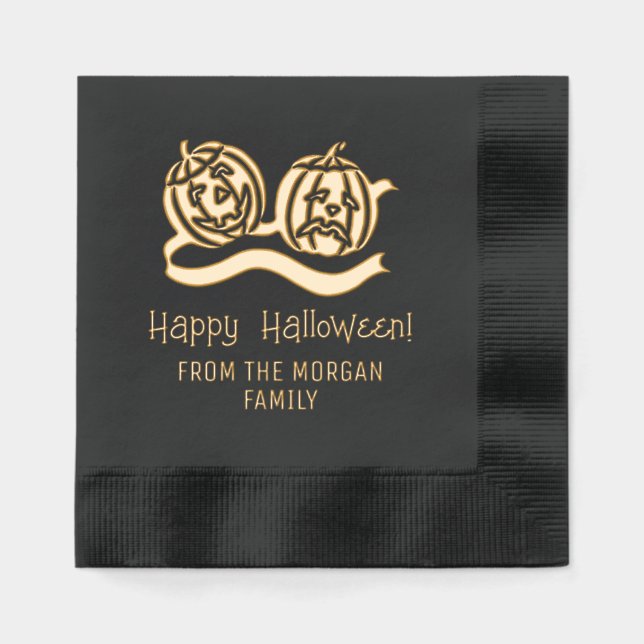 Smiling and Frowning Pumpkins Happy Halloween Name Foil Napkins (Front)