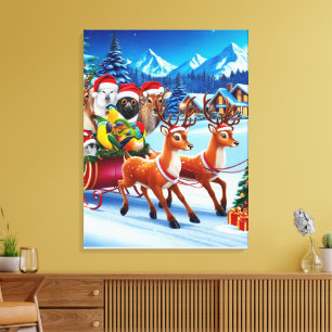 Smiling Animals Christmas Sleigh Canvas 24" x 32" Print