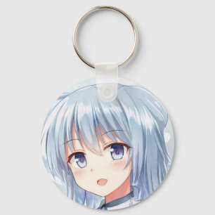 Smiling anime girl grey hair lavender eyes manga  key ring