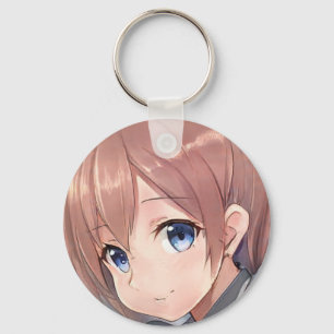 Smiling anime girl manga brown haired blue eyed key ring