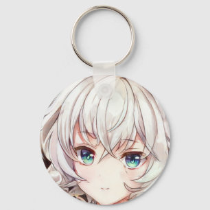 Smiling anime girl manga silver haired green eyed  key ring