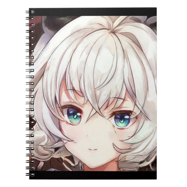 Smiling anime girl manga silver haired green eyed  notebook (Front)